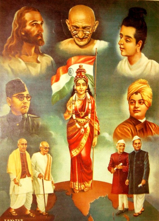 Figure 5: Bharat Mata, accompanied by Christ, the Buddha,  Swami Vivekananda, Bose, Jinnah, Gandhi, and Nehru